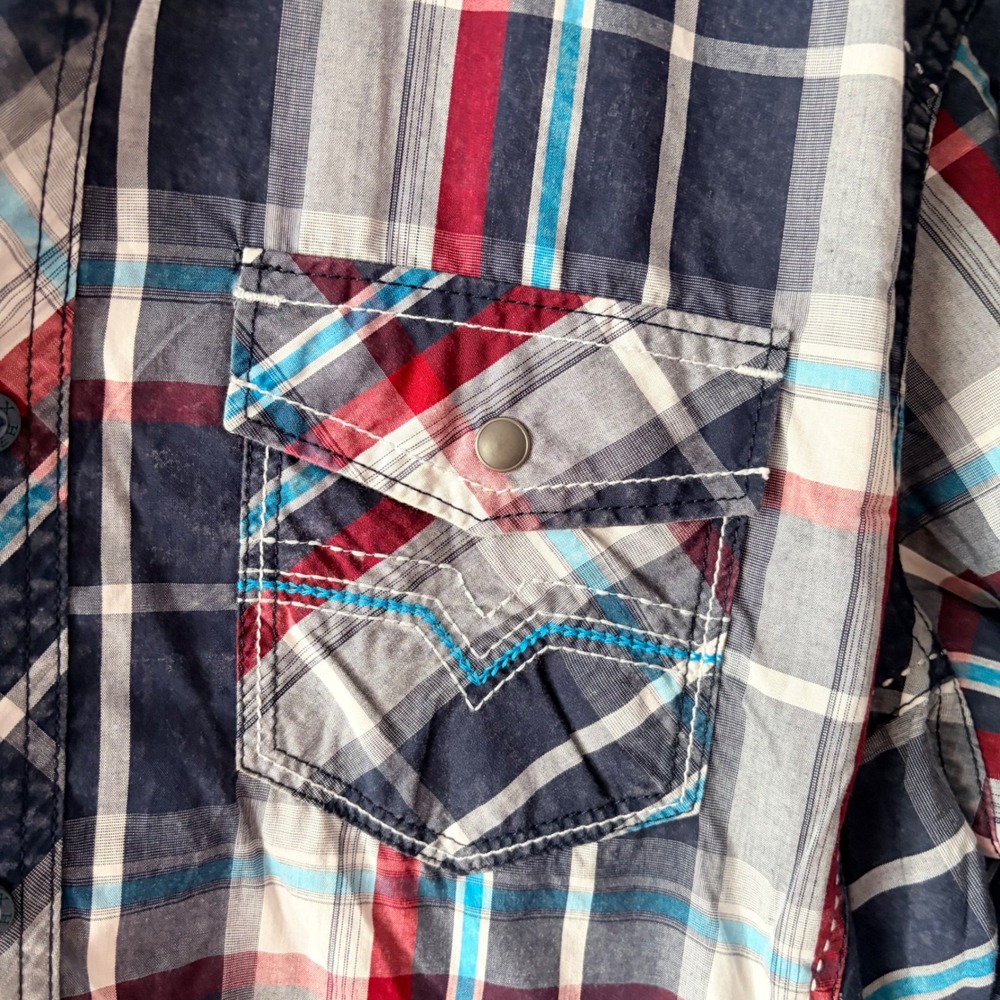 Helix Mens Large Athletic Fit Plaid Button Down Shirt Navy Red Long Sleeve - Picture 6 of 8